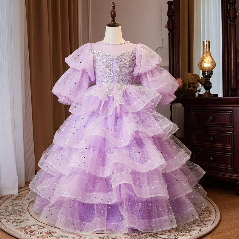 women's lace-up dressesFlower Girl Dress Children Easter Dress Party Dress Purple Sequins Puffy Princess Communion Dress