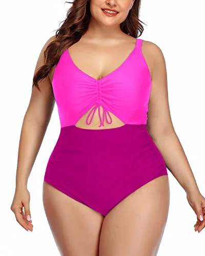 Bow-Accented Female SwimwearModest High-Waisted Plus Size Monokini Swimsuits-Phosphor And Dark Pink