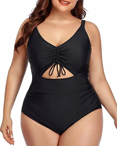 Monokini with Cut-Outs FemaleFashionable V-Neck Cutout One Piece Swimsuit Ruched Bottom-Black