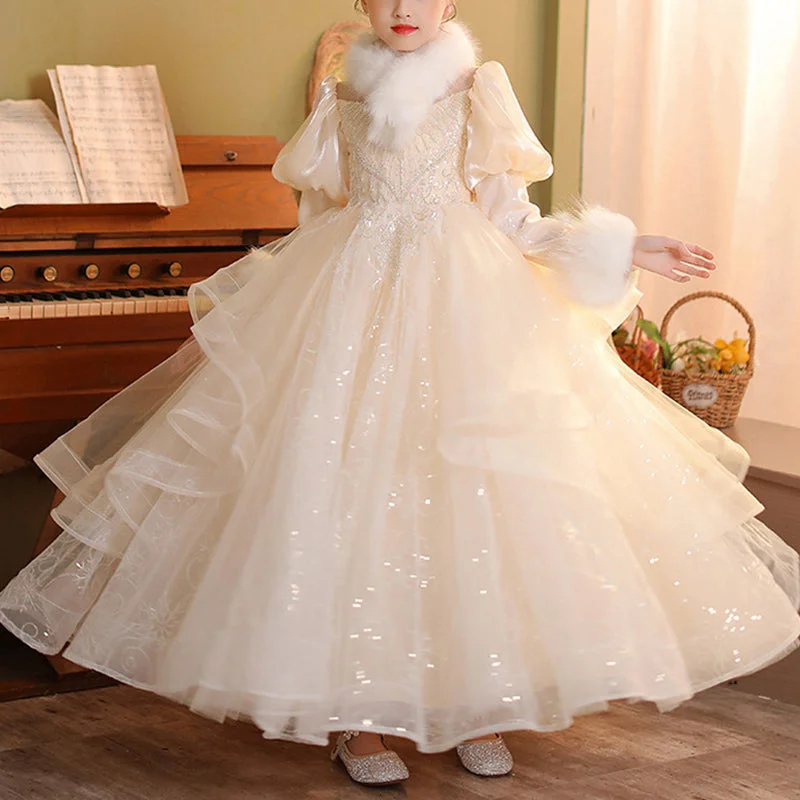 Tiered DressFlower Girl Dress Children Party Winter Plush Long Sleeve Sequined Princess Dress