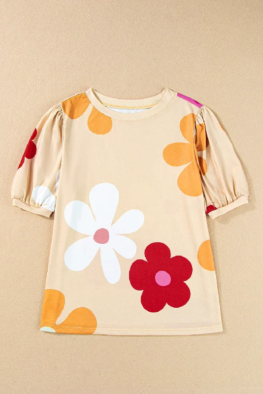 women's tops with cold-shoulder cutsApricot Flower Print Bubble Sleeve Tee