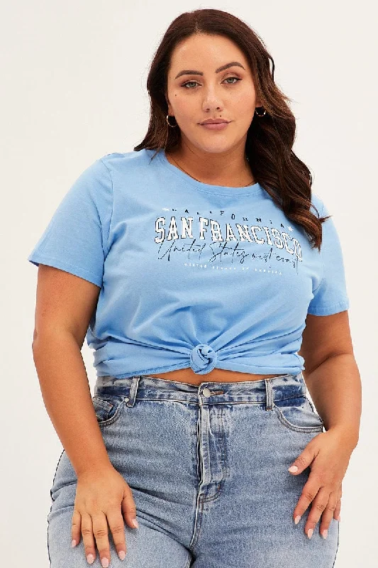 women's tops for those who want to add a personal touch to their wardrobe with unique and one-of-a-kind piecesBlue Graphic T-shirt Short Sleeve Crew Neck