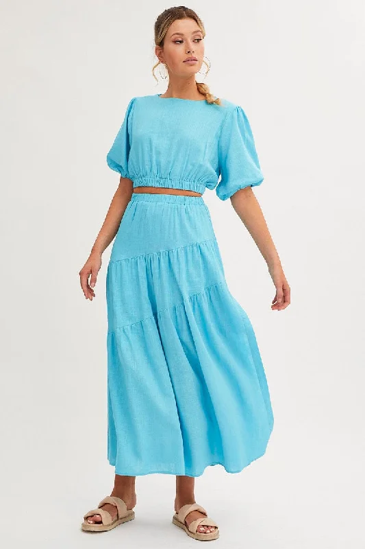 women's velvet skirtsBlue Maxi Skirt Asymmetric Tier