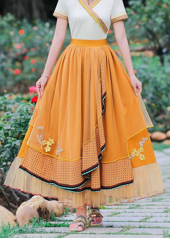 women's handmade casual skirtsBohemian Yellow Asymmetrical Patchwork Tulle Skirts Spring