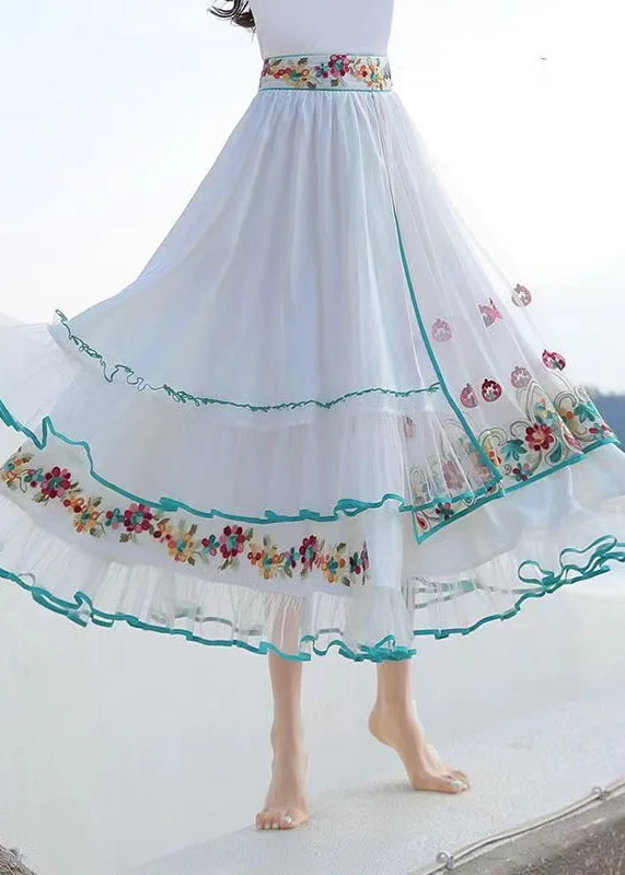 women's fitted skirtsBoutique White Ruffled Embroideried Patchwork Chiffon Skirt Summer