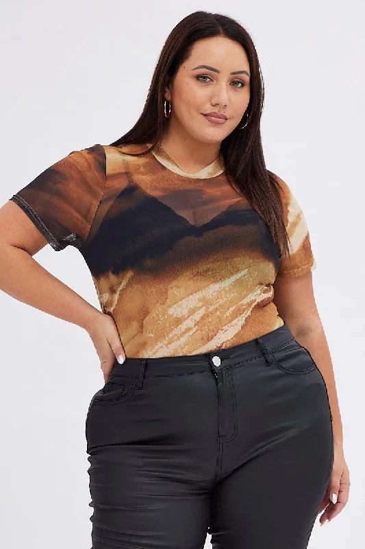 women's tops for picnics in the parkBrown Abstract Crop T-shirt Mesh Short Sleeve