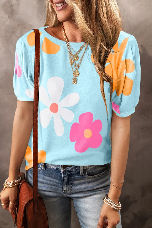 camisoles for womenFlower Print Bubble Sleeve Tee