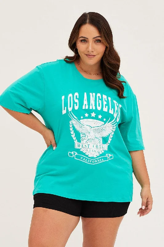 women's tops with cold-shoulder cutsGreen Crew Neck Short Sleeve Graphic T-shirt