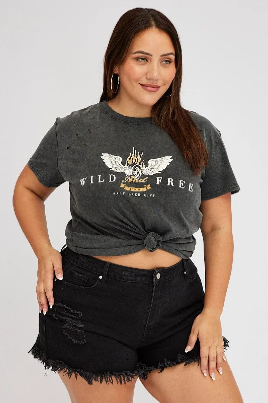 women's tops for those who appreciate subtle and muted tonesGrey Graphic T-shirt Short Sleeve Crew Neck