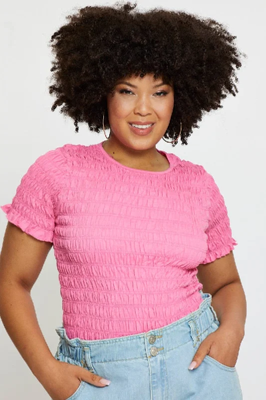 women's tops for those who want to create outfits that are both unique and memorableH Pink Smocked T-shirt Crew Neck Short Sleeve