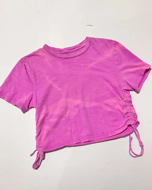 women's tops with sheer overlays"KC"Pink Tie Dye Ruched Side Crop Tee Size: XS