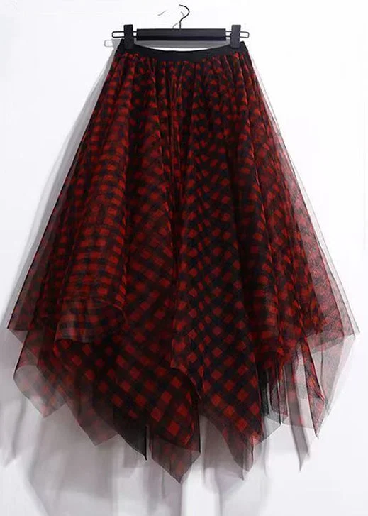 women's summer midi skirtsLoose Red Plaid Print Elastic Waist Tulle Skirt Summer