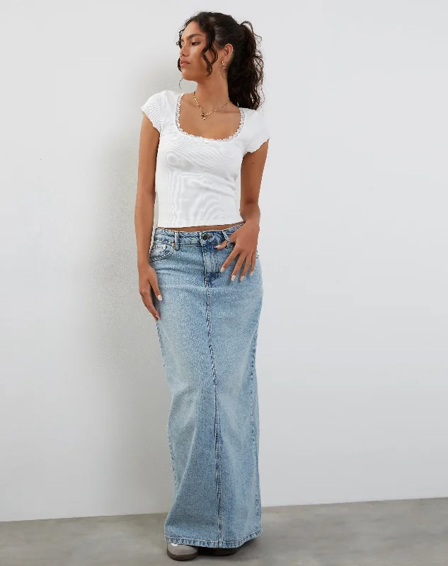 women's knitted skirtsLow Rise Denim Maxi Skirt in Bleach Denim