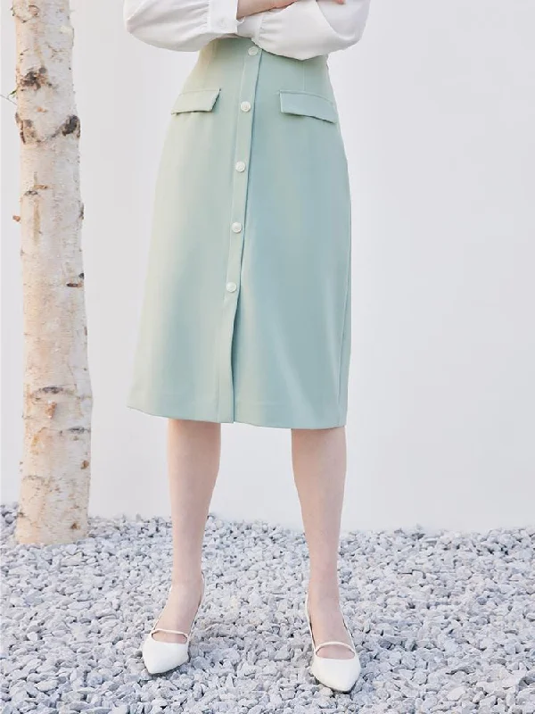 women's elastic-waisted skirts for pregnancyMint Green Single-Breasted Slit Skirt