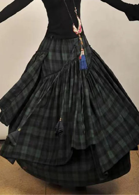 women's velvet skirtsOrganic Green Plaid Exra Large Hem Asymmetrical Cotton Skirts Spring