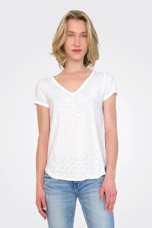 women's tops with asymmetrical designsV Neck Tee - White