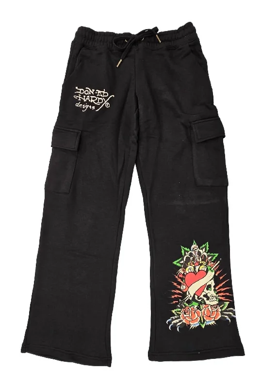 women's spandex pantsWomen's Rose Skull Cargo Sweatpant In Black