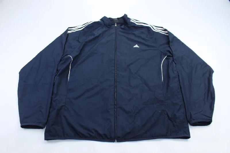 women's coats with satin liningsAdidas Embroidered Logo Navy Blue & White Striped Jacket