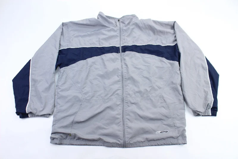 women's coats with military-inspired designsReebok Embroidered Grey & Navy Blue Jacket