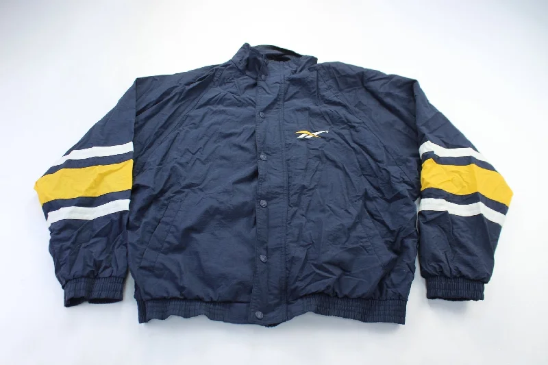 women's coats for pear-shaped bodiesReebok Embroidered Logo Navy Blue, White, & Yellow Zip Up Jacket