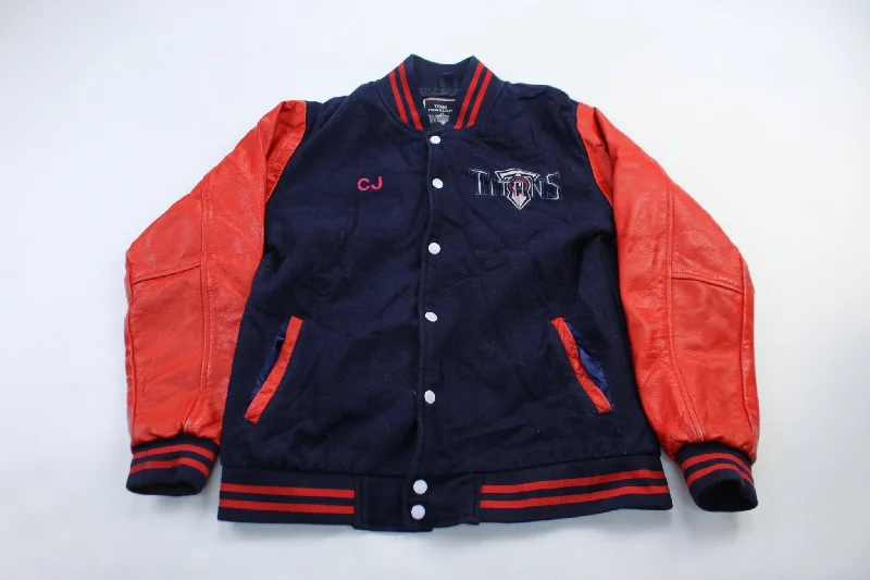 women's coats for winter weddingsTitans Football Club Orange & Navy Blue Varsity Embroidered Jacket