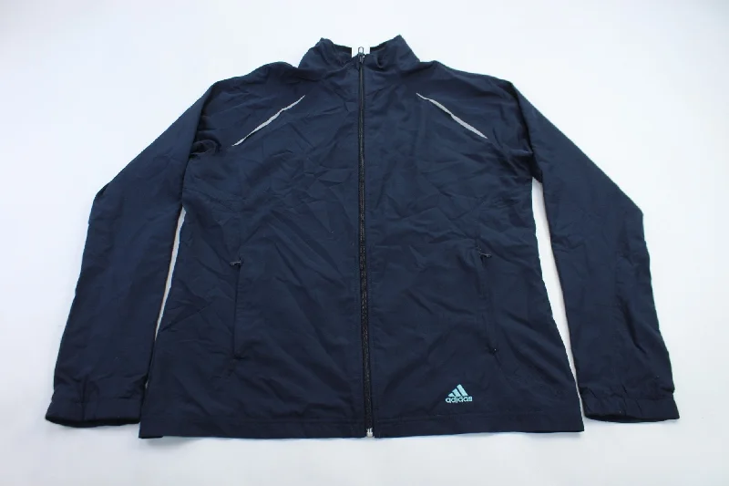 cozy women's coatsWomen's Adidas Embroidered Logo Navy Blue & Light Blue Striped Jacket