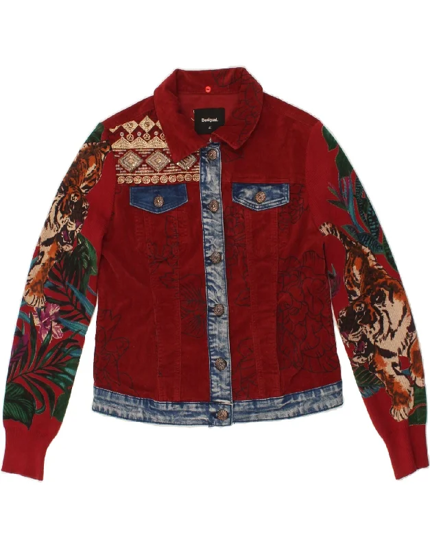 women's coats with velvet finishesDESIGUAL Womens Crop Graphic Corduroy Jacket EU 40 Medium Red Floral