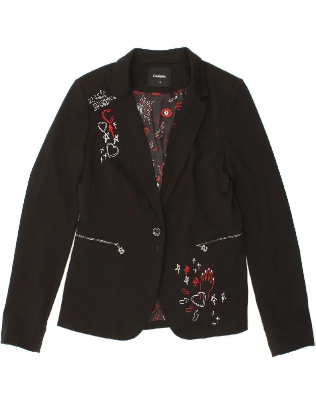 women's coats with sheer overlaysDESIGUAL Womens Graphic 1 Button Blazer Jacket EU 40 Medium Black