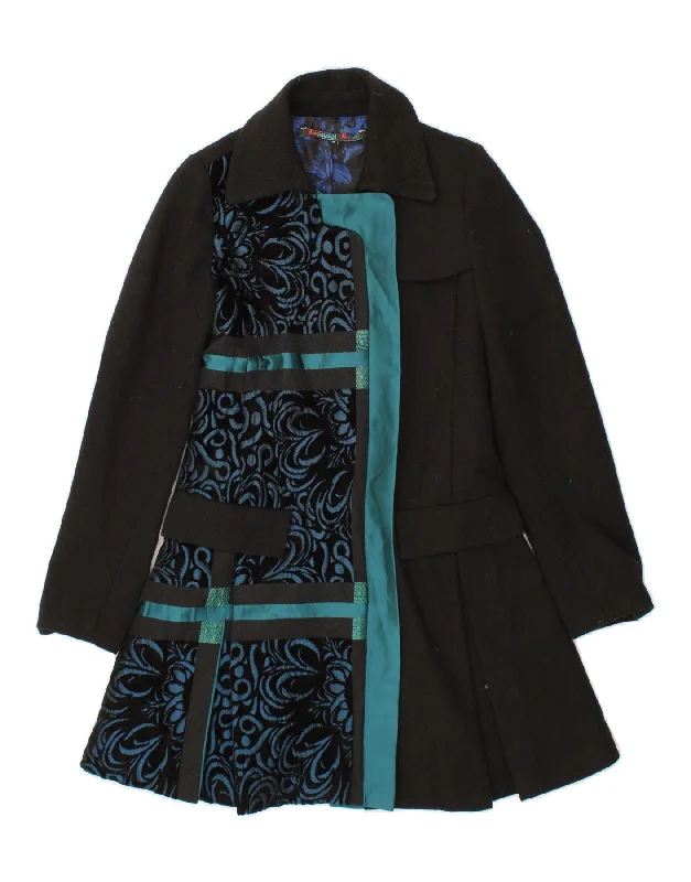 modern women's coatsDESIGUAL Womens Overcoat EU 36 Small Black Floral Polyester