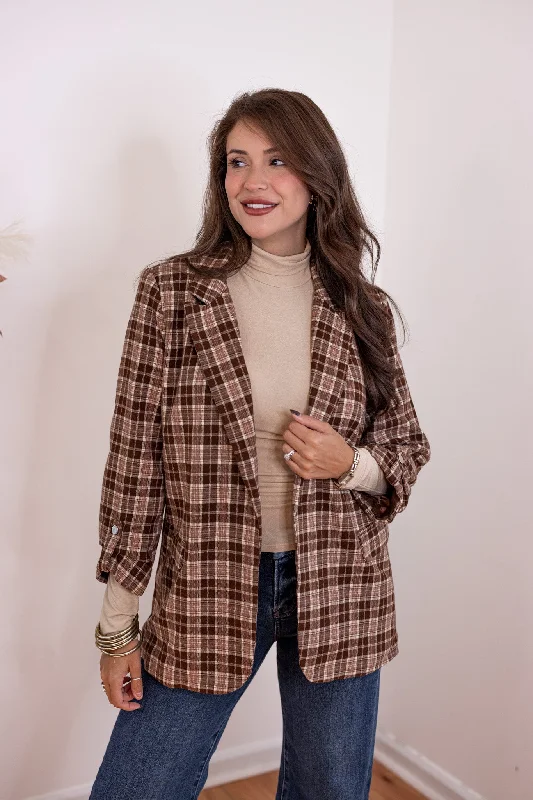 women's retro dressesCoffee Dates Brown Plaid Blazer