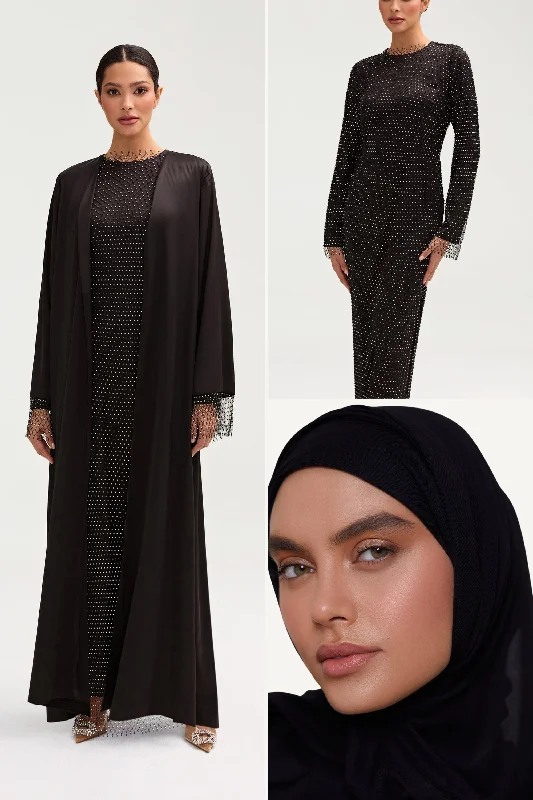 women's easy-to-wear dressesCrystal Satin Abaya & Dress Set & Matching Hijab in Black Bundle Set