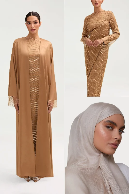 women's apple-shaped body dressesCrystal Satin Abaya & Dress Set & Matching Hijab in Champagne Bundle Set