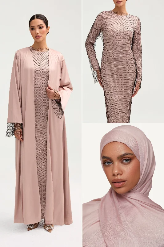 Cut-Out DressCrystal Satin Abaya & Dress Set & Matching Hijab in Pink Jasmine Bundle Set