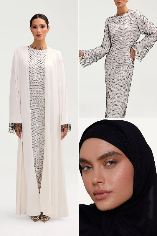 Cocktail DressCrystal Satin Abaya & Dress Set & Matching Hijab in White Bundle Set