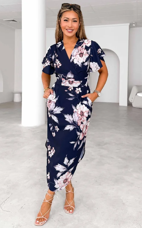 women's off-the-shoulder dressesBrandy Midi Dress - Navy Floral