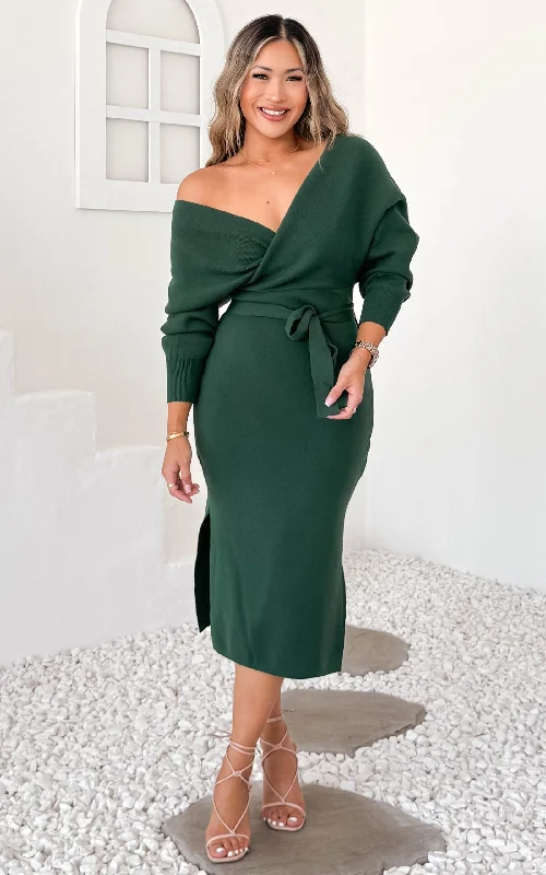 women's apple-shaped body dressesCatherine Knit Midi Dress - Forest Green