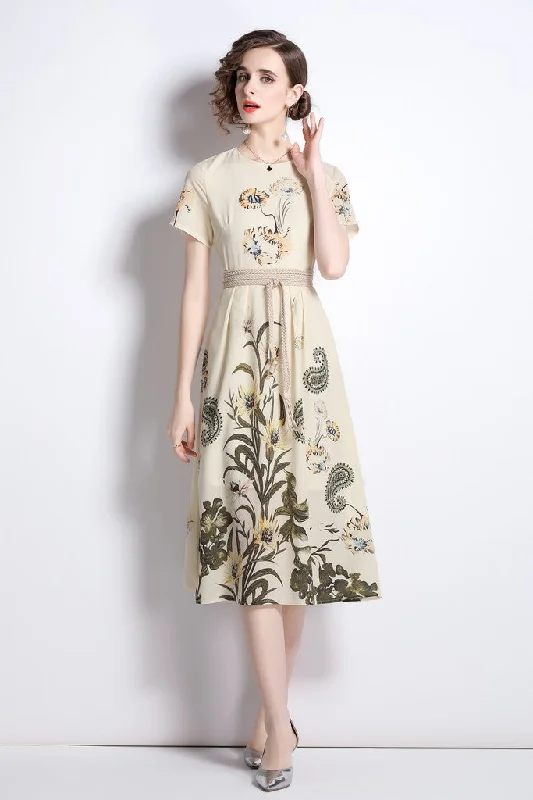 women's stylish dressesCreamy & Floral print Day A-line Crewneck Short Sleeve Midi Dress