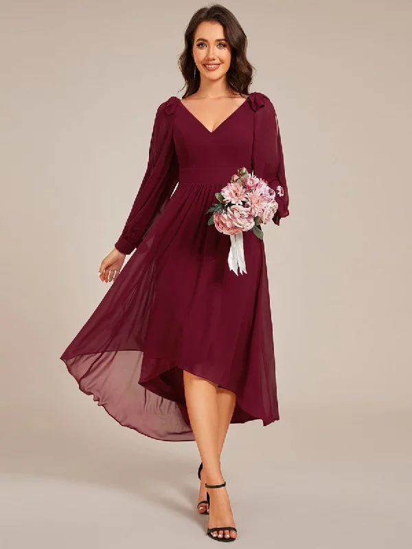 women's bell-sleeved dressesElegant Butterfly Design Long Sleeves Midi Length A-Line Asymmetrical Hem Chiffon Dresses