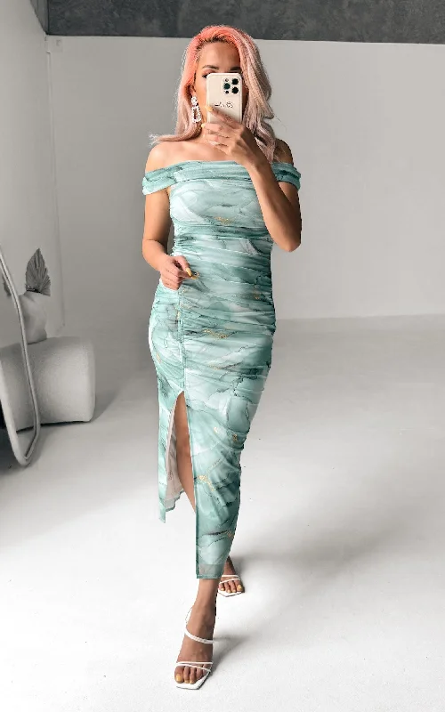 women's tall dressesElka Mesh Midi Dress - Green Gold Marble Print