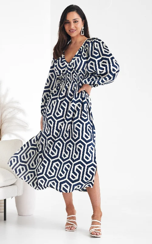 Formal DressEmber Midi Dress - Blue Cream Geometric Print