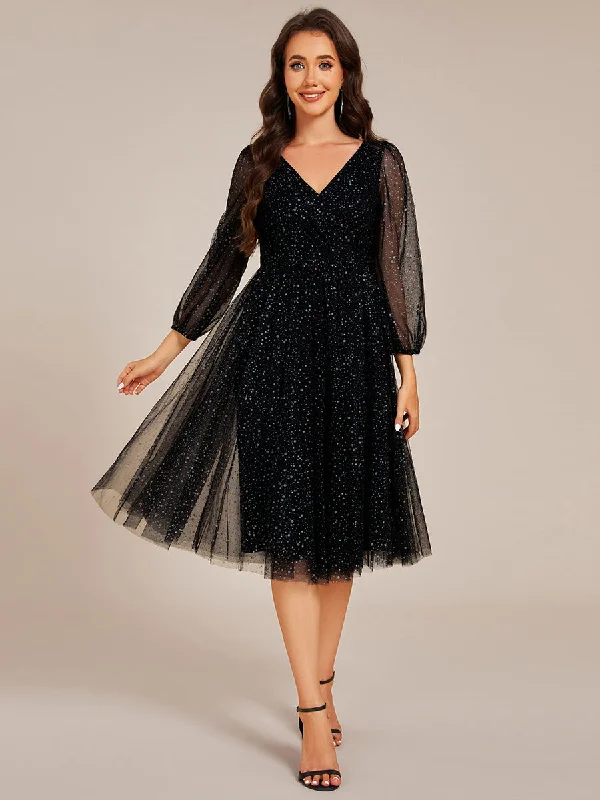 women's lace dressesExquisite See-Through Lantern Long Sleeve Midi Length Sequin Tulle Wedding Guest Dresses