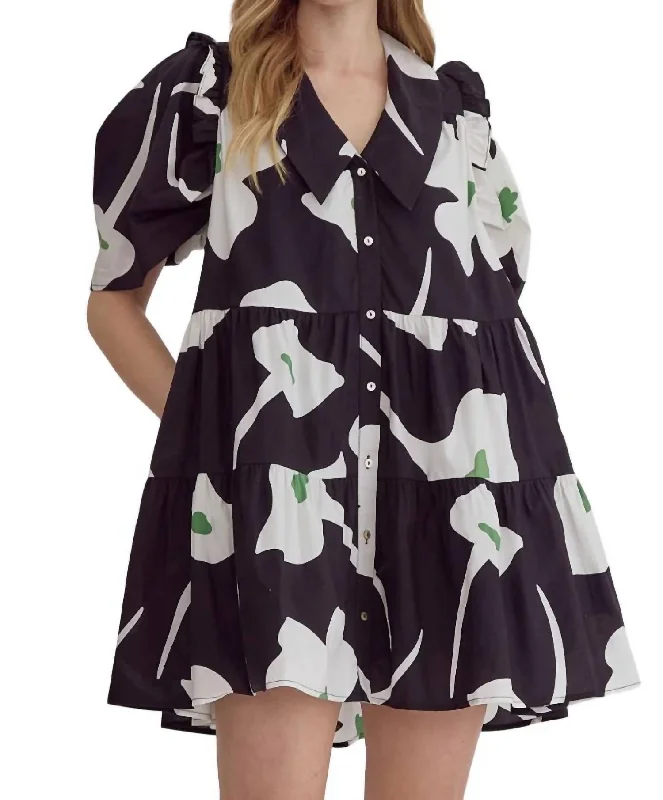 women's fair-trade dressesFloral Puff Sleeve Mini Dress In Black