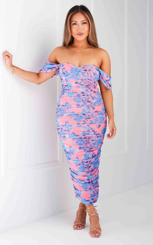 Ruffled Hem DressJalvina Mesh Midi Dress - Pink Blue Floral