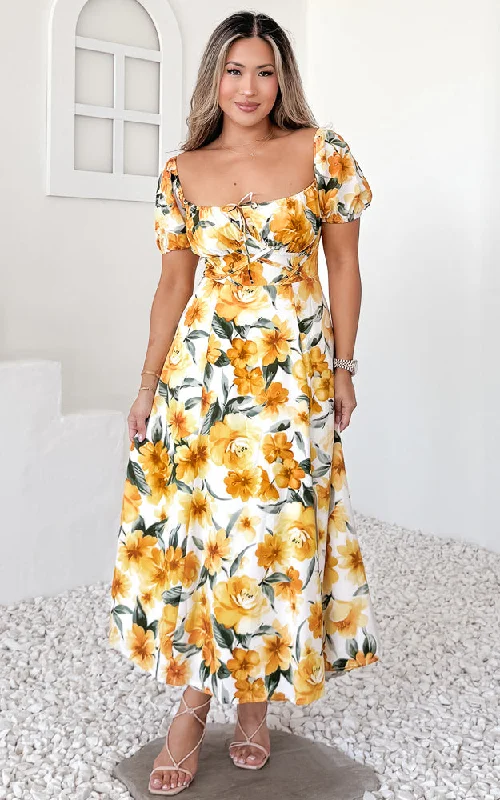 women's work dressesKiaya Midi Dress - Yellow Floral