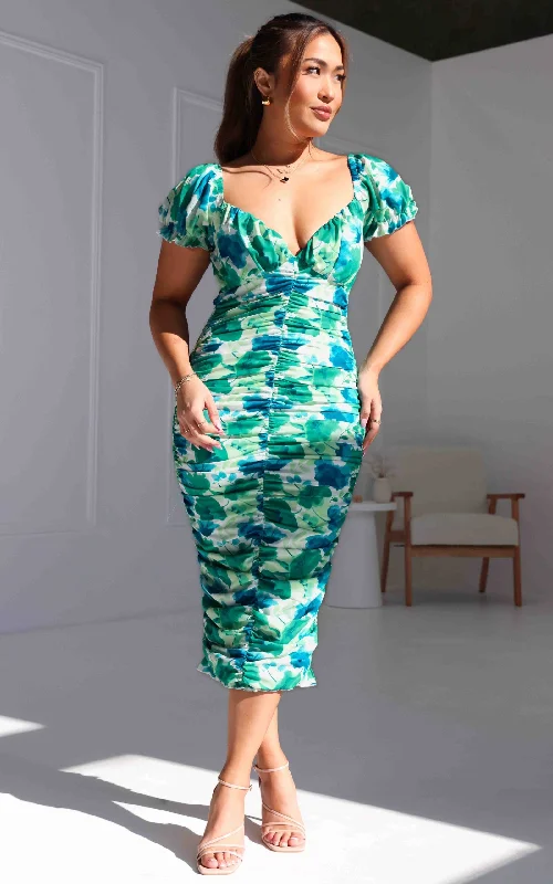 women's breathable dressesMarlow Midi Dress - Green Blue Floral