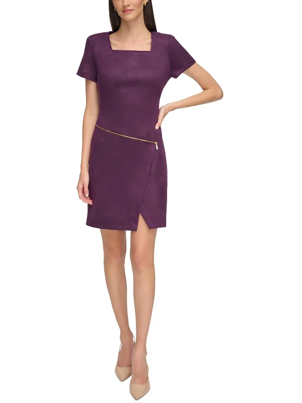 women's ruffle dressesPetites Womens Faux Suede Mini Sheath Dress