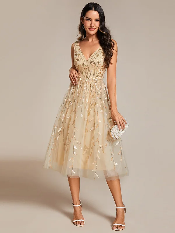 Flutter-Sleeve DressV-Neck Sequin Midi Wedding Guest Dress With Sleeveless