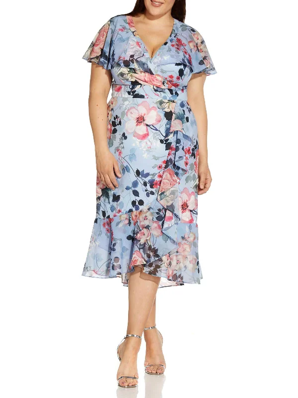 Off-The-Shoulder DressPlus Womens Floral Midi Wrap Dress