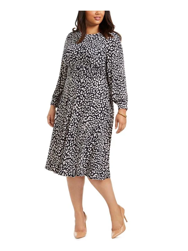 Peplum Hem DressPlus Womens Printed Long Sleeve Midi Dress