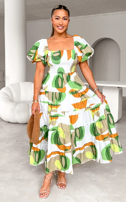 women's neon dressesSabah Midi Dress - White Green Print